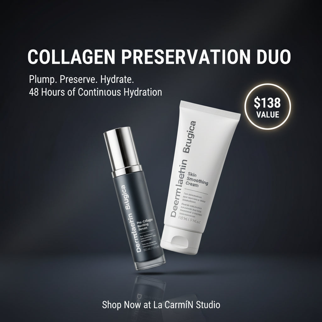 Dermalogica Collagen Preservation Duo set featuring a pump bottle and a cream tube on a gray background with promotional text and a $138 value badge.